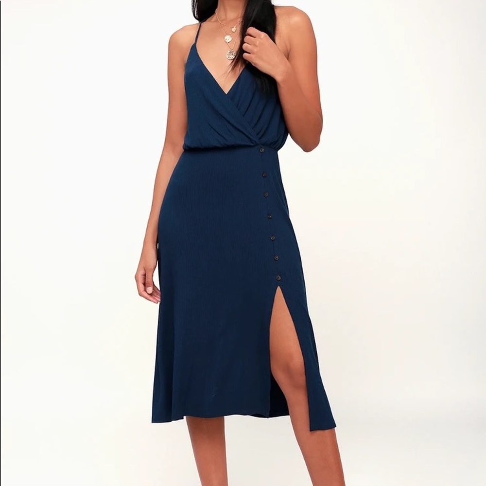 Lulu’s Palm Tree Breeze Navy Ribbed Midi Dress - Size XS